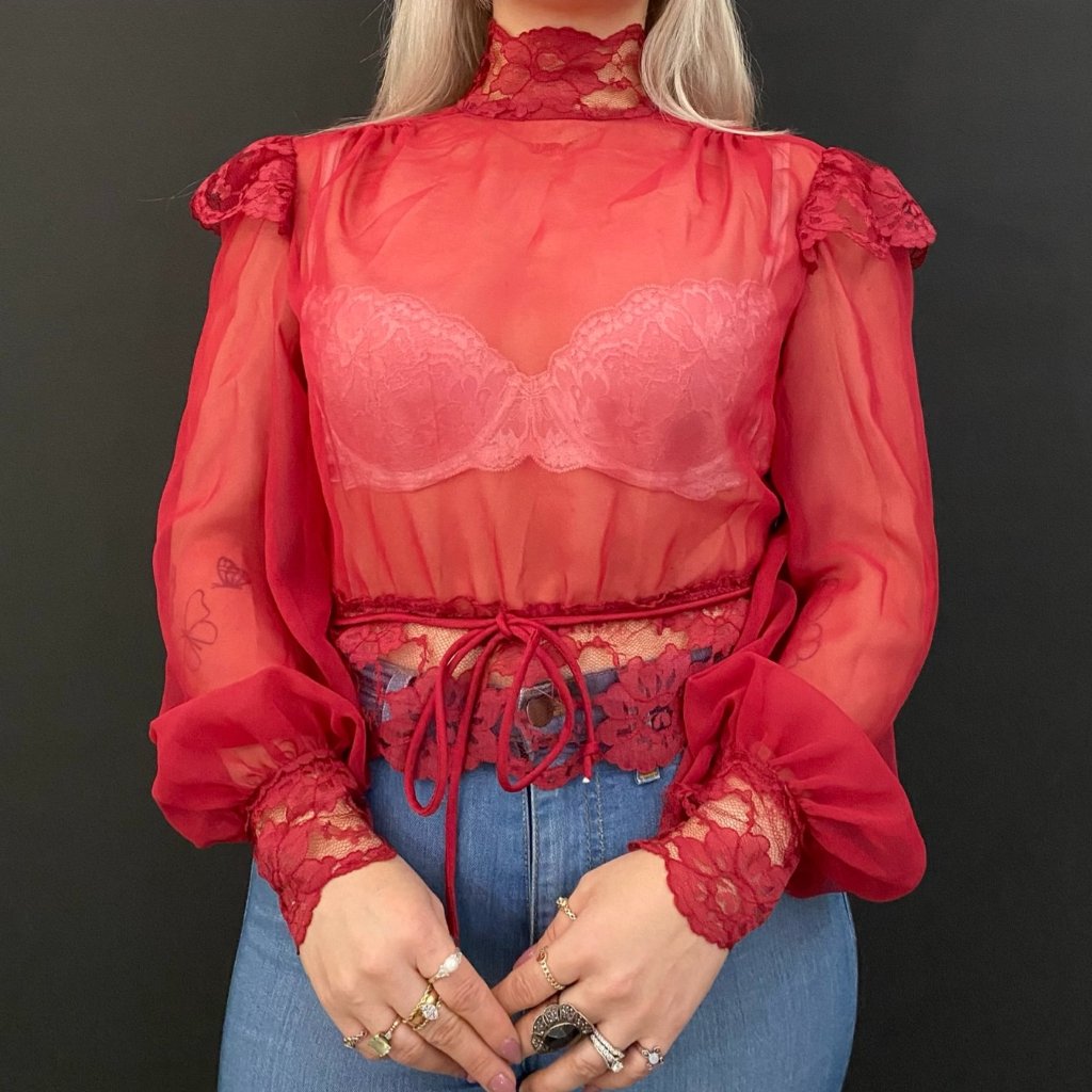 Vintage Red Sheer Lace Long Sleeve Blouse